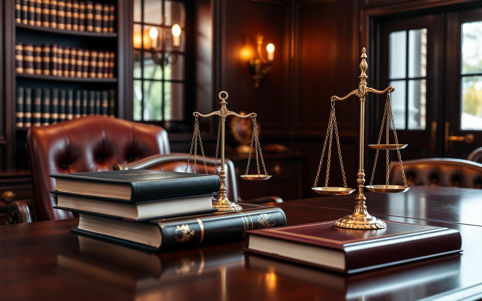 Escritório de advocacia sofisticado com livros e balança da justiça