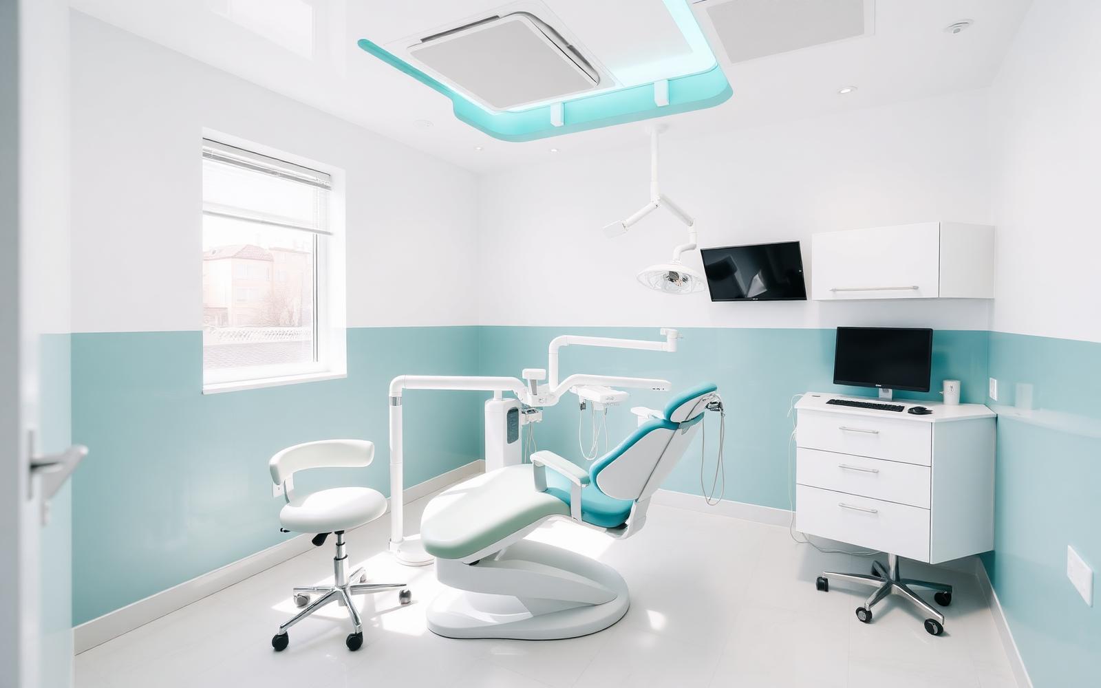 Consultório odontológico moderno em tons de verde-água e branco