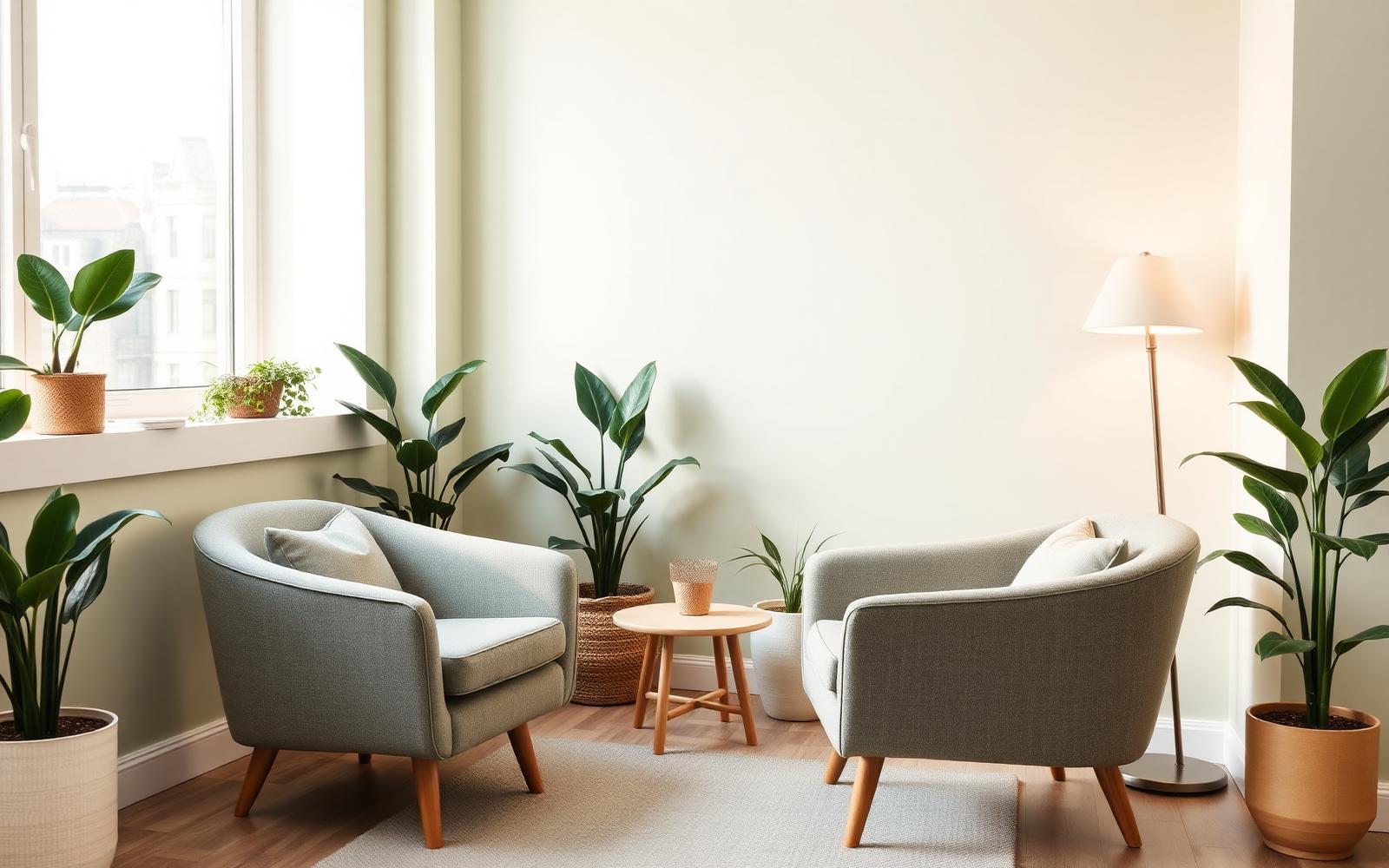Consultório de psicologia acolhedor com poltronas e plantas