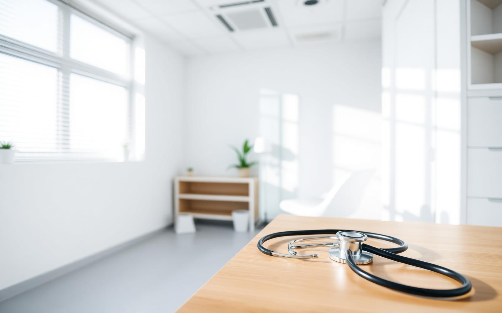 Consultório médico moderno com iluminação natural e estetoscópio
