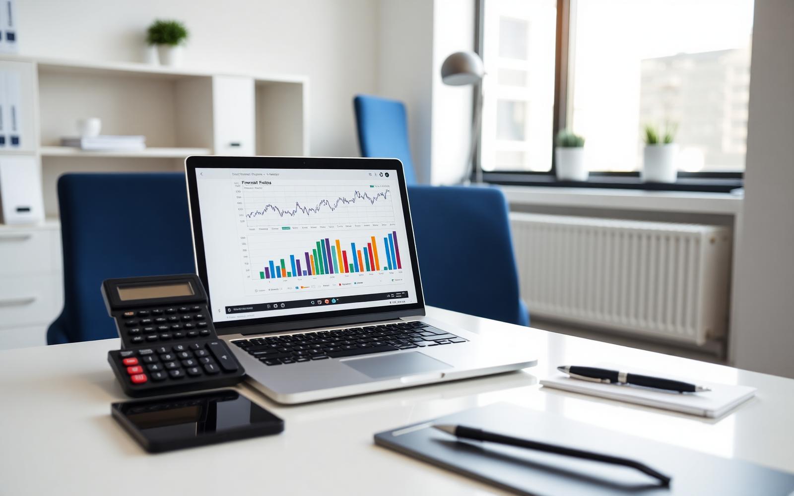 Escritório de contabilidade com laptop mostrando gráficos financeiros