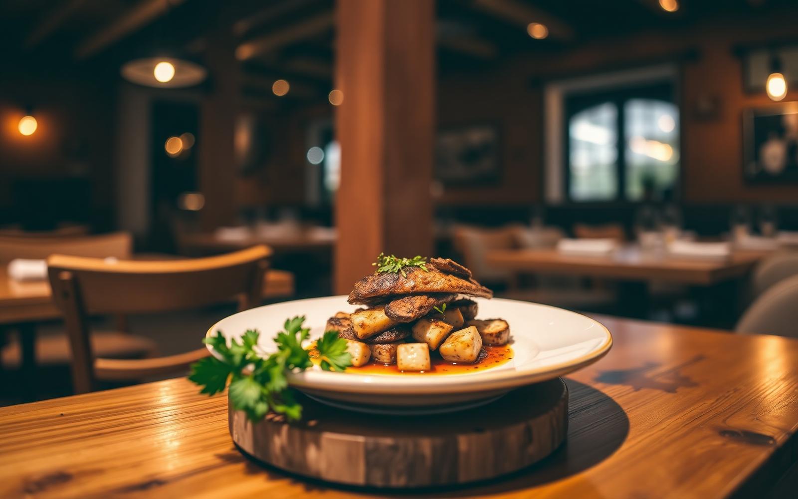 Prato gourmet em restaurante aconchegante com iluminação âmbar