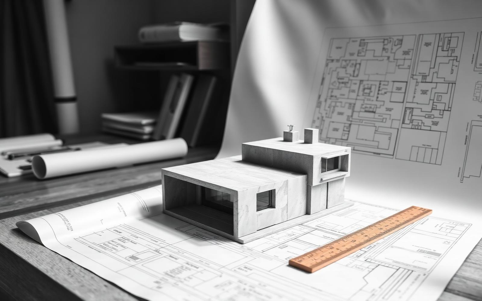 Mesa de arquitetura com maquete e plantas técnicas