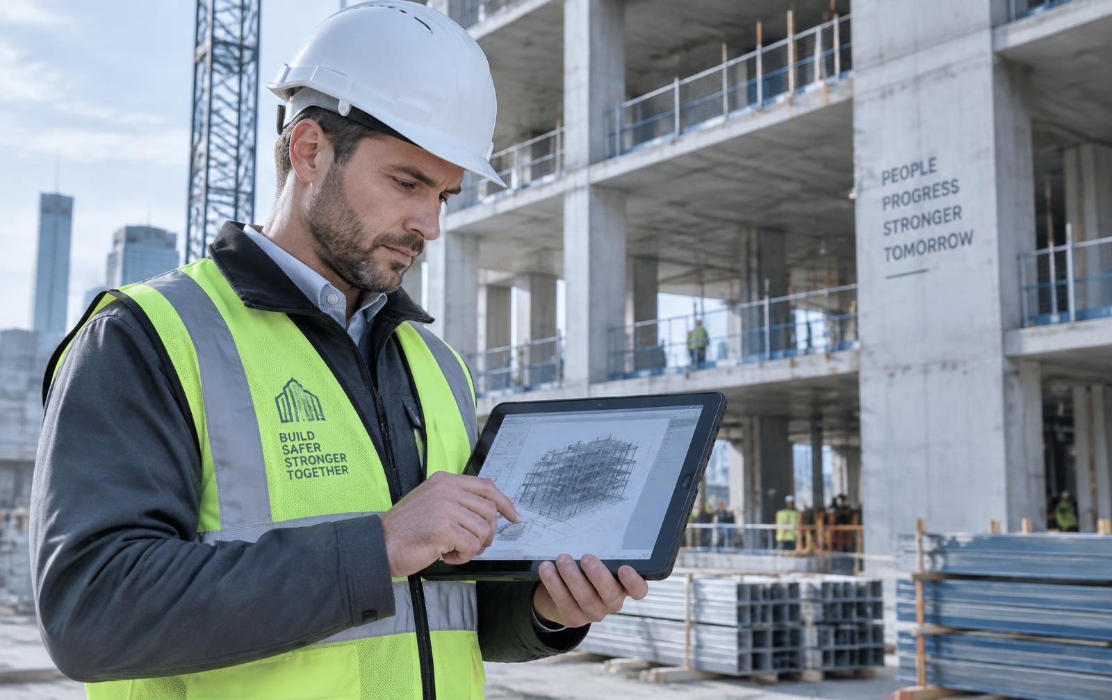 Engenheiro civil com capacete branco analisando projeto estrutural em tablet no canteiro de obras